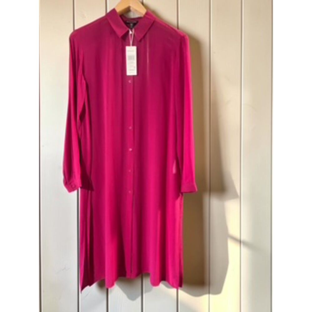 NWT Eileen Fisher Fuchsia 100% Silk Georgette Long Sleeve Shirt Dress-Size XS/TP